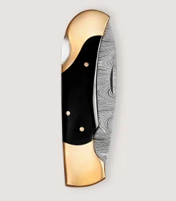 Damascus Folding Knife In Buffalo Horn