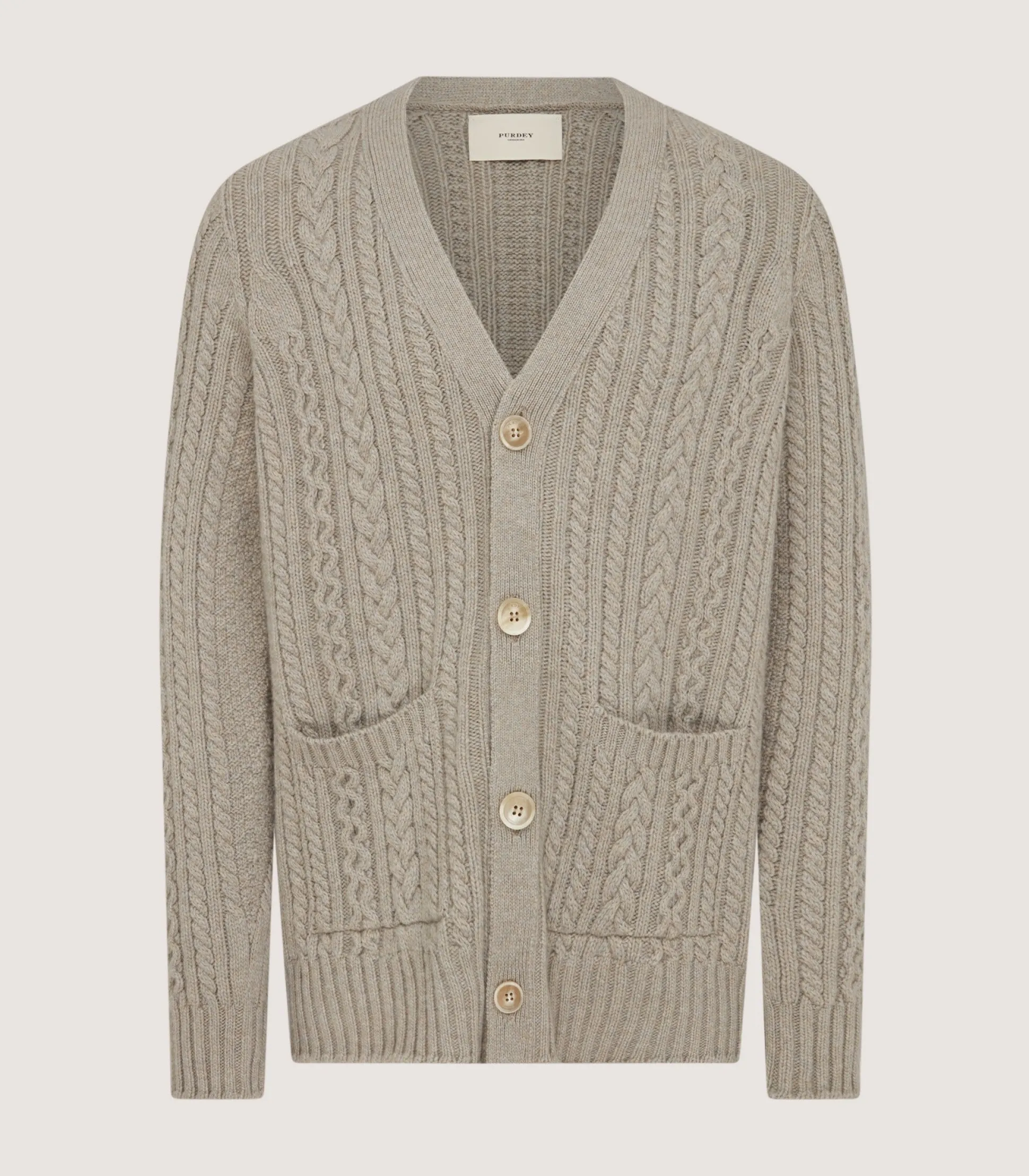 Men's Cashmere Cable And Rib V Neck Cardigan In Drab