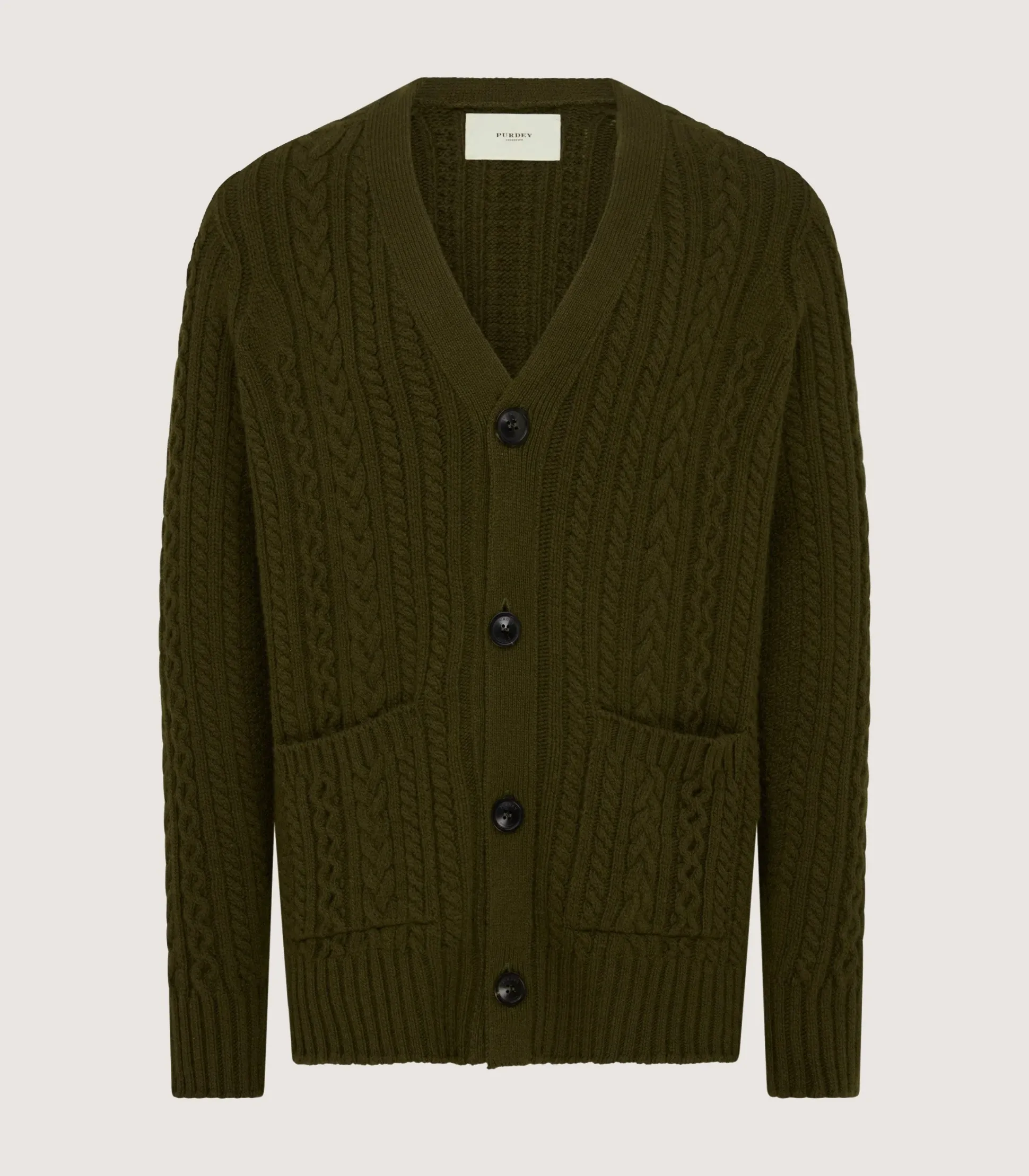 Men's Cashmere Cable And Rib V Neck Cardigan In Military