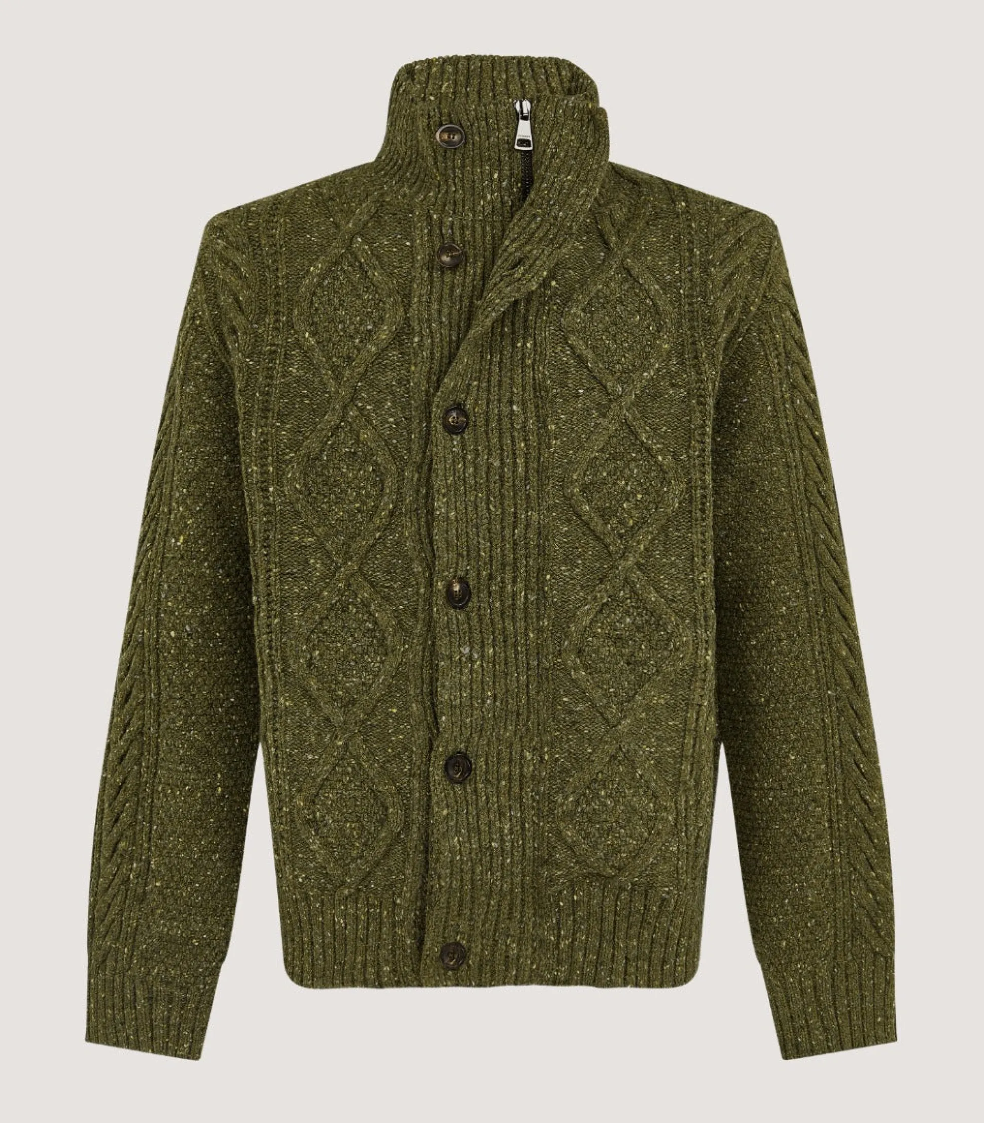 Men's Donegal Aran Full Zip Cardigan in Moss
