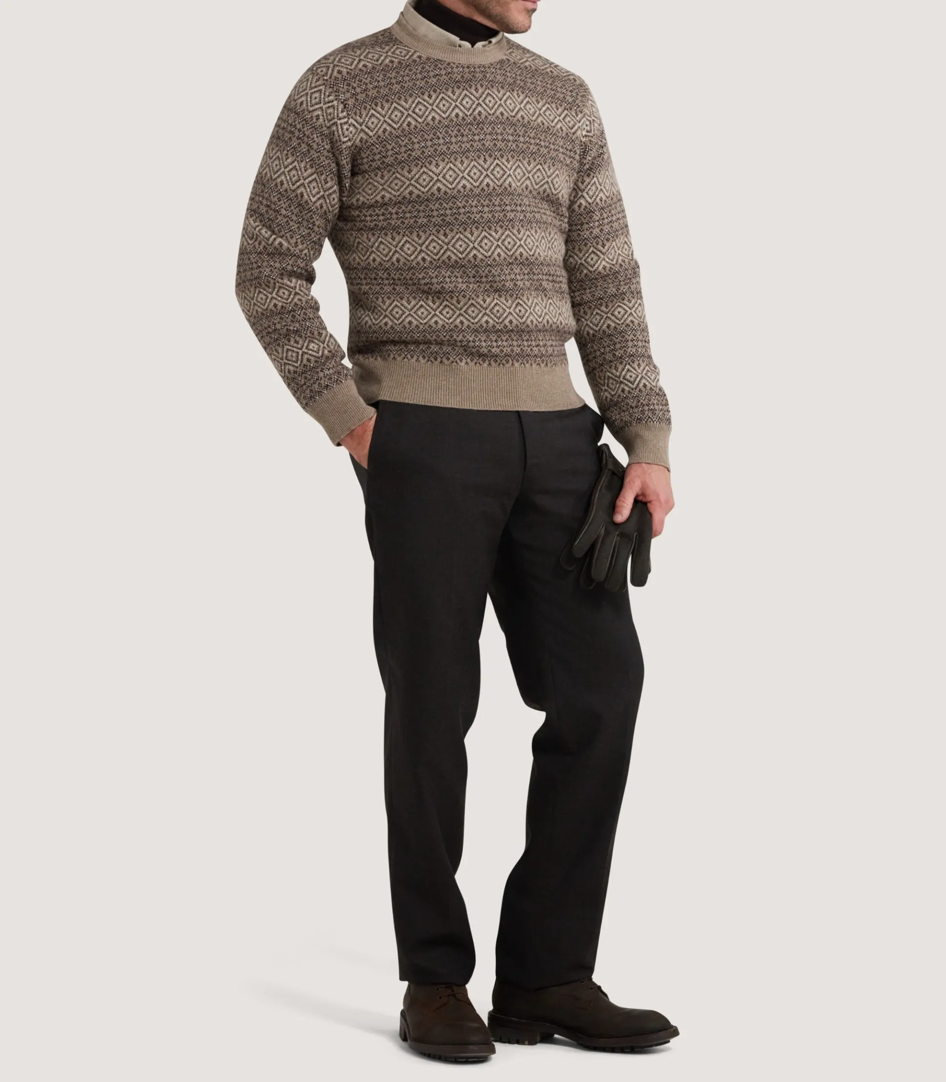 Men's Kirk Cashmere Fair Isle Crew Neck Jumper in Antler