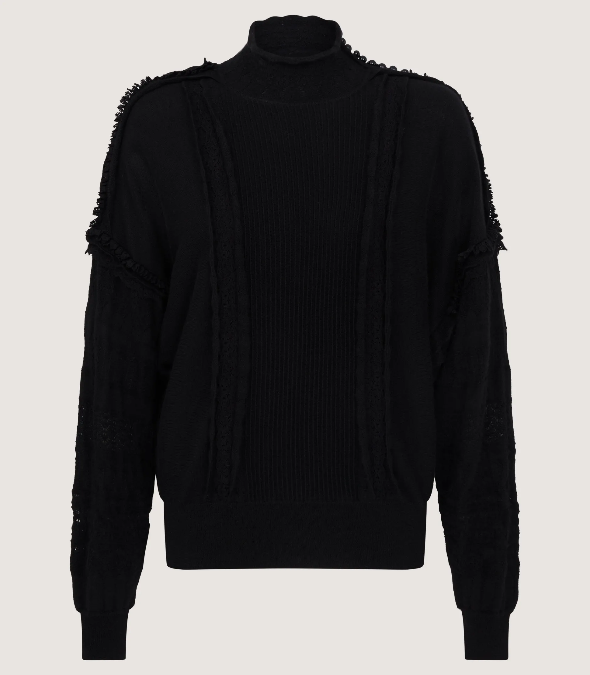 Women's Cashmere Sweater Blouse With Lace Trim In Black