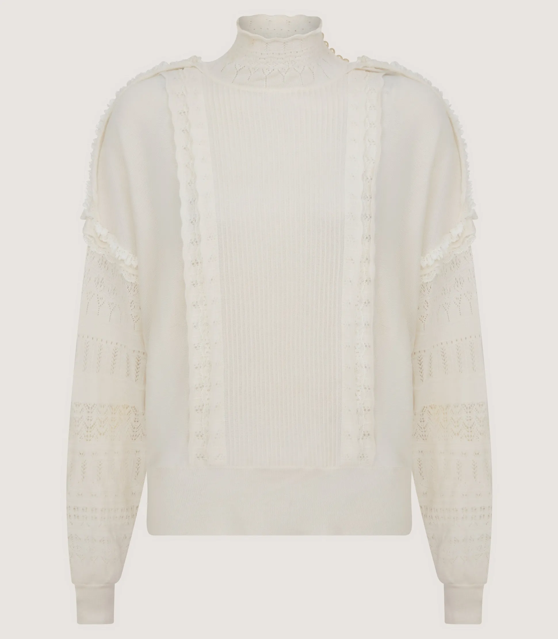 Women's Cashmere Sweater Blouse With Lace Trim In Ivory