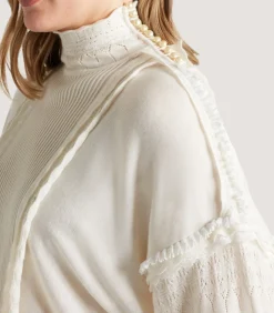 Women's Cashmere Sweater Blouse With Lace Trim In Ivory