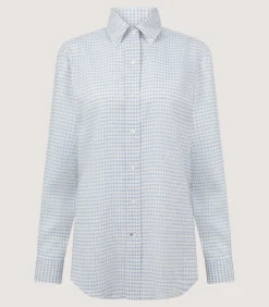 Women's Pale Indigo Linen Shepherd Check Button Down Shirt