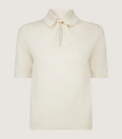 Women's Silk Jersey Polo Shirt with Lace Trim in Ivory