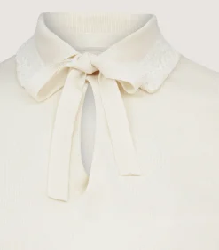 Women's Silk Jersey Polo Shirt with Lace Trim in Ivory